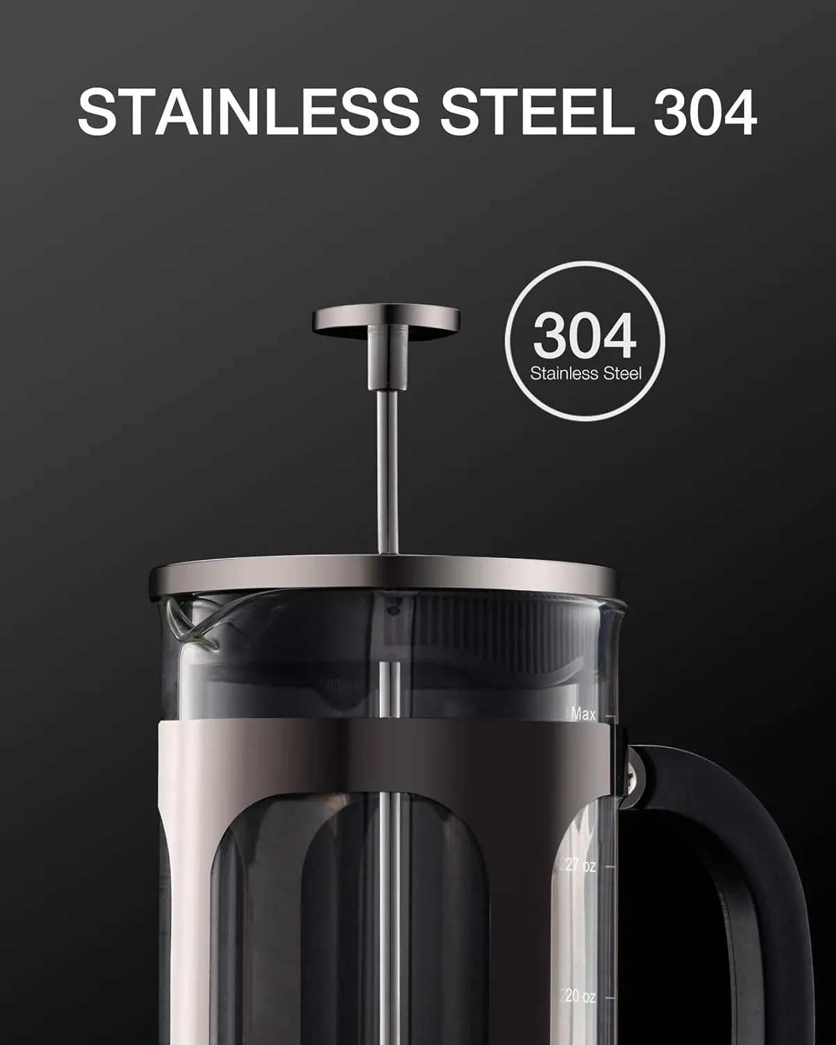 BAYKA French Press Coffee Maker 34 Ounce 1 Liter, Borosilicate Glass Stainless Steel Brewer, Large Portable Cold Brew Cafetera Teapot for Kitchen Travel Camping Coffee Bar Accessories, Dark Pewter