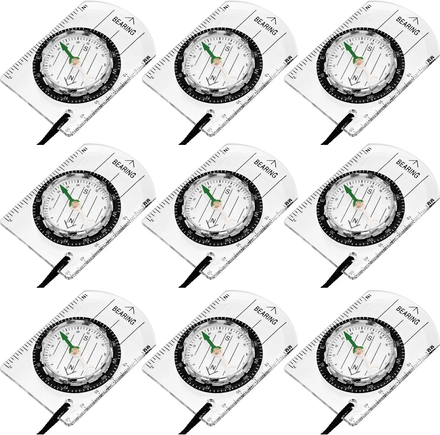 BBTO 9 Pieces Orienteering Compass Hiking Backpacking Camping Compass Map Reading Outdoor Waterproof Tool for Scout Kids Women