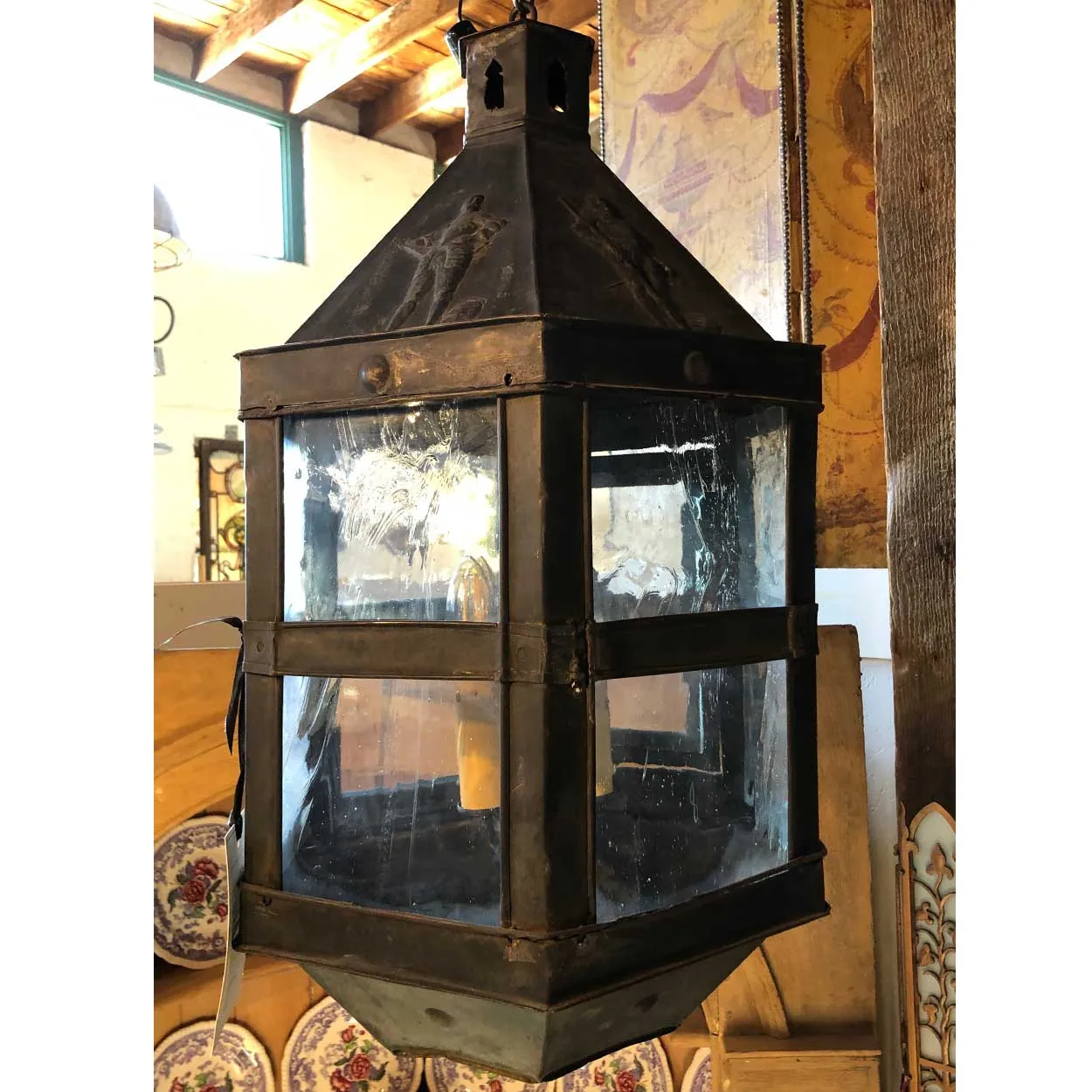 Belgian Patinated Copper Repousse and Glass Four-Light Hanging Lantern