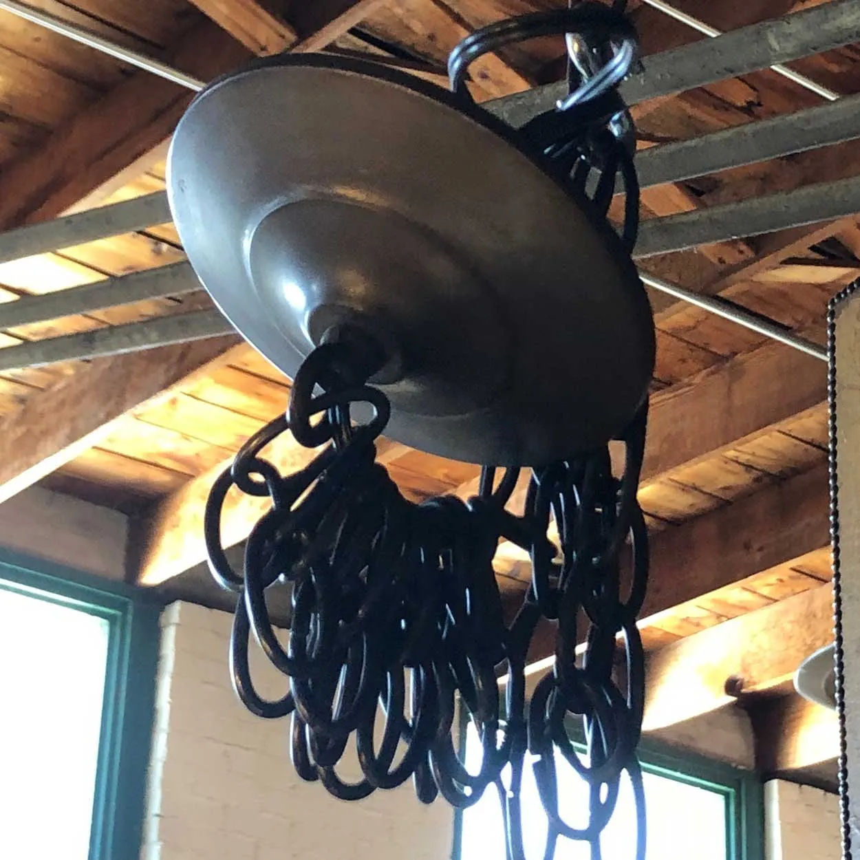 Belgian Patinated Copper Repousse and Glass Four-Light Hanging Lantern