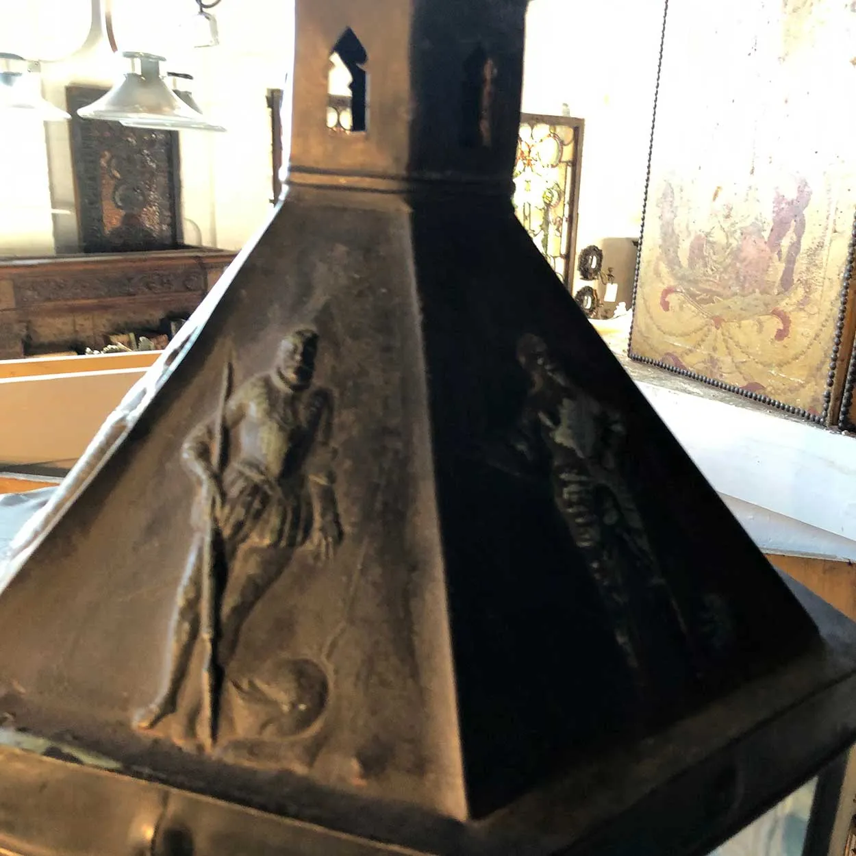 Belgian Patinated Copper Repousse and Glass Four-Light Hanging Lantern