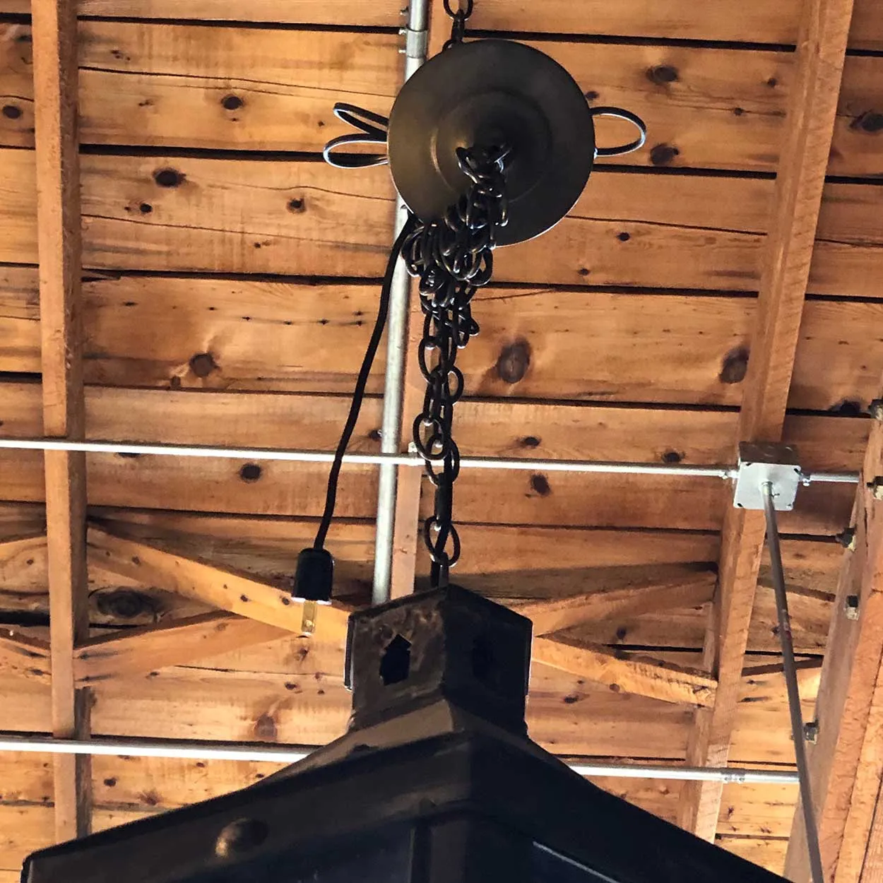 Belgian Patinated Copper Repousse and Glass Four-Light Hanging Lantern