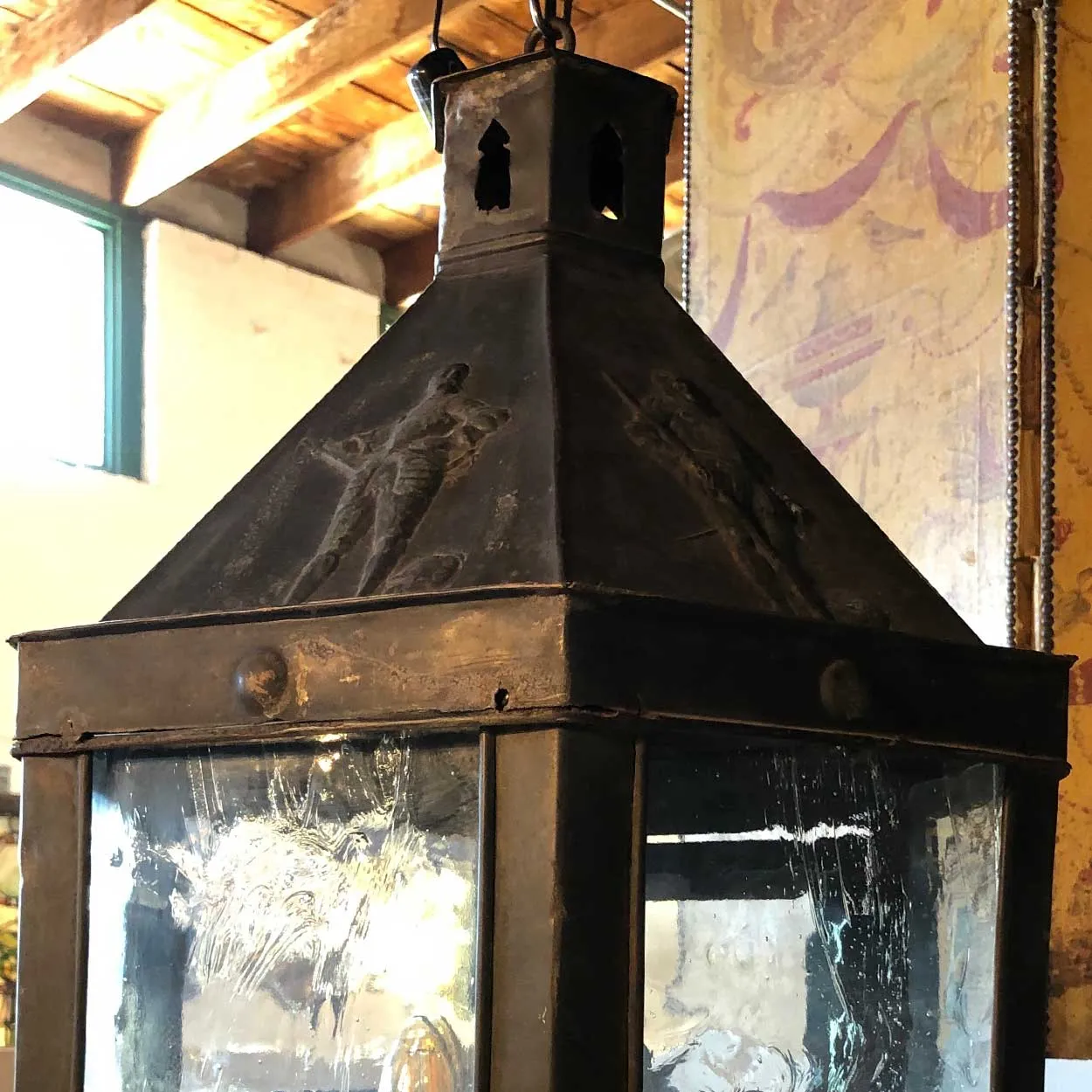 Belgian Patinated Copper Repousse and Glass Four-Light Hanging Lantern