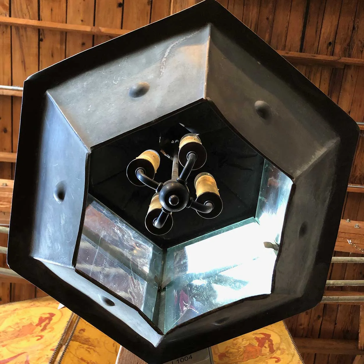 Belgian Patinated Copper Repousse and Glass Four-Light Hanging Lantern