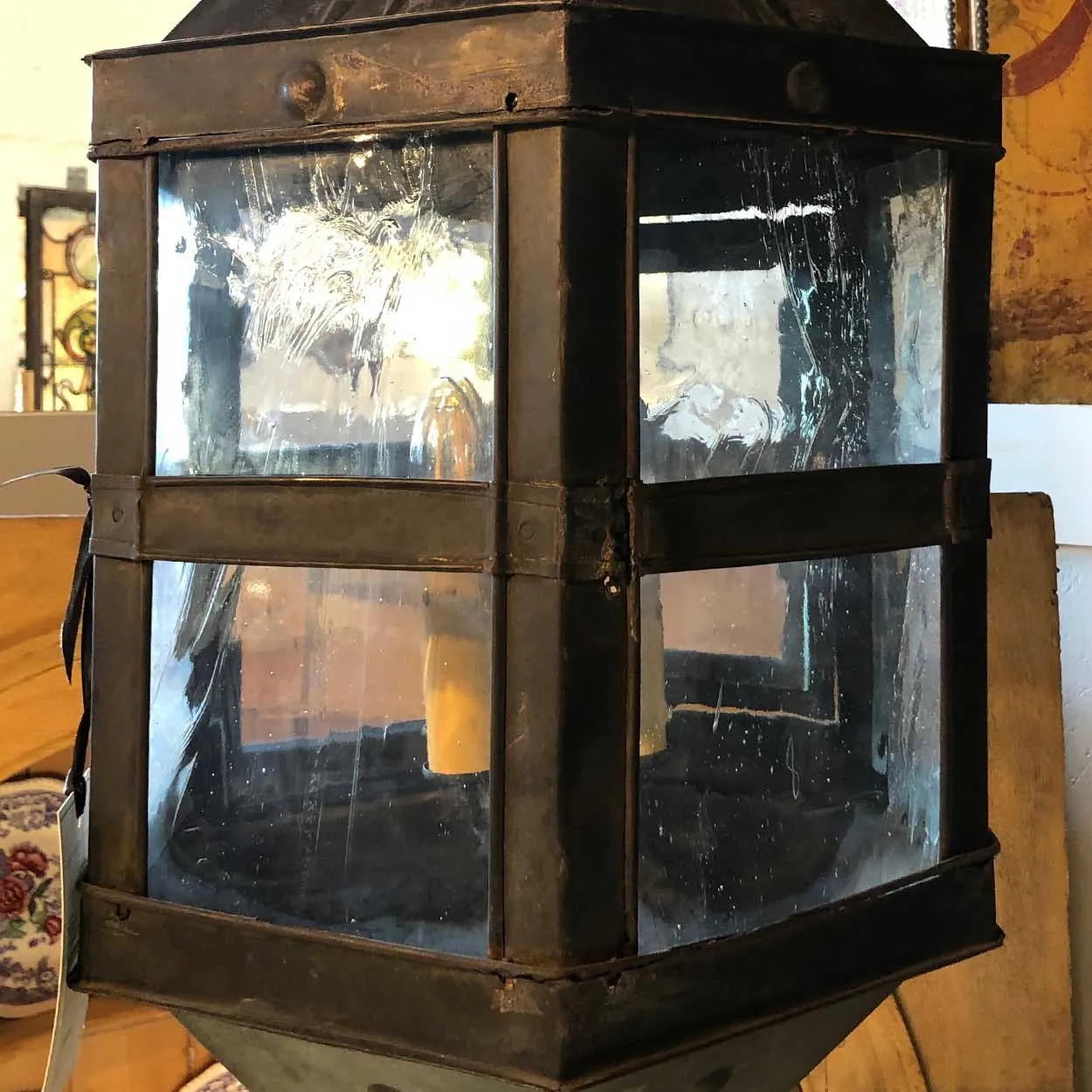 Belgian Patinated Copper Repousse and Glass Four-Light Hanging Lantern