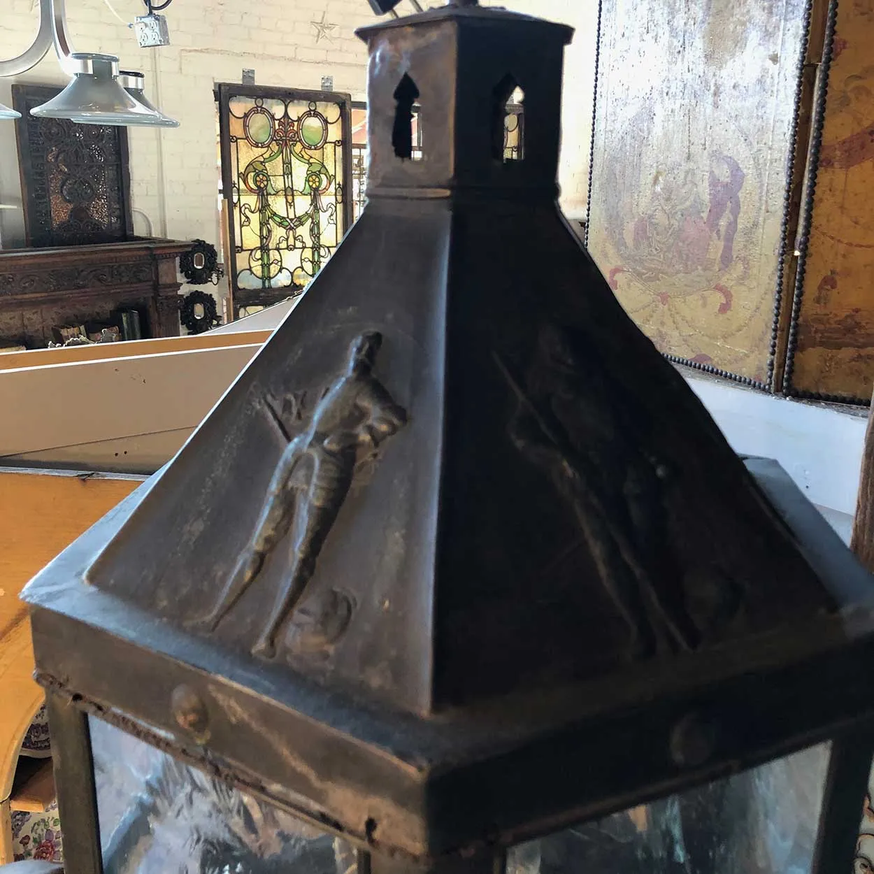 Belgian Patinated Copper Repousse and Glass Four-Light Hanging Lantern