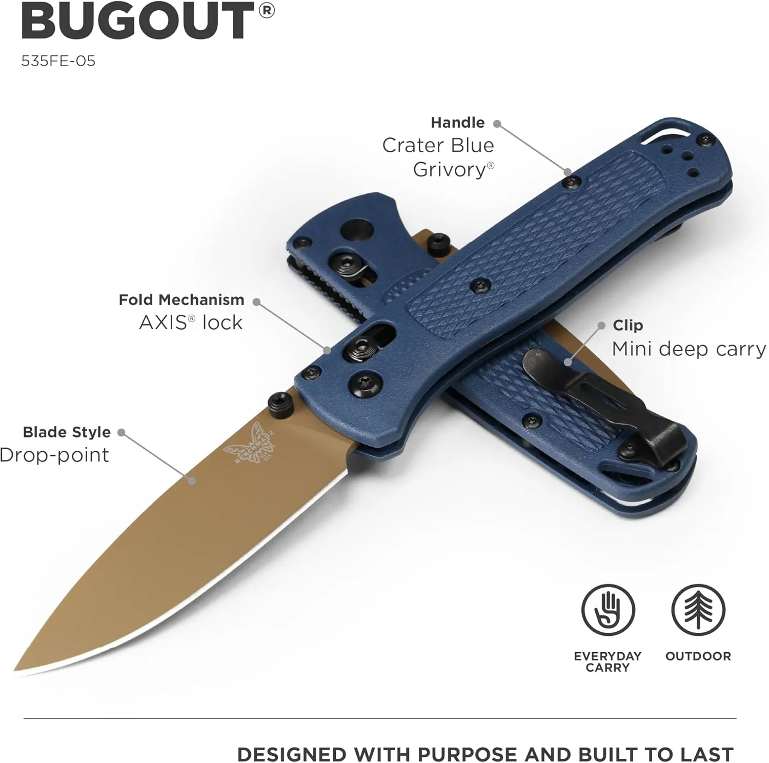 Benchmade - Bugout 535 EDC Knife with Crater Blue Grivory Handle (535FE-05)