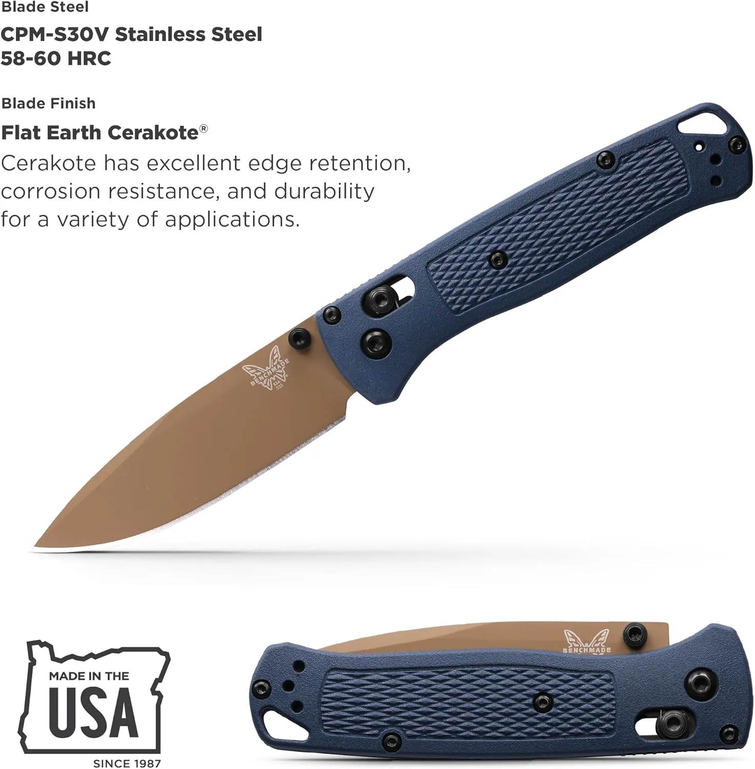 Benchmade - Bugout 535 EDC Knife with Crater Blue Grivory Handle (535FE-05)