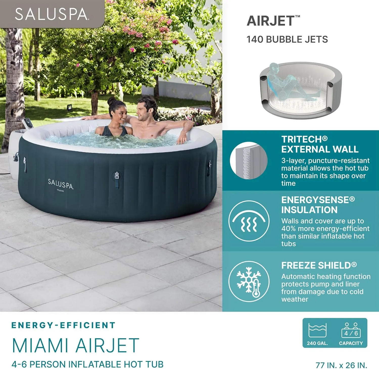 Bestway SaluSpa Miami AirJet 4-6 Person Inflatable Hot Tub Round Portable Outdoor Spa with 140 AirJets and EnergySense Energy Saving Cover, Dark Green