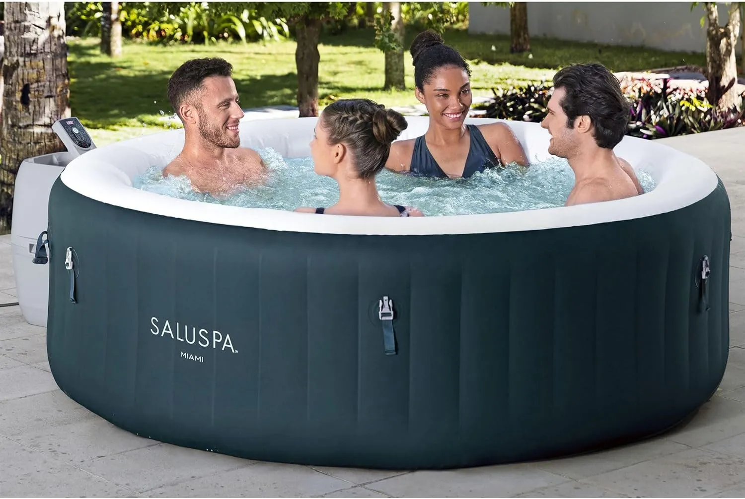 Bestway SaluSpa Miami AirJet 4-6 Person Inflatable Hot Tub Round Portable Outdoor Spa with 140 AirJets and EnergySense Energy Saving Cover, Dark Green