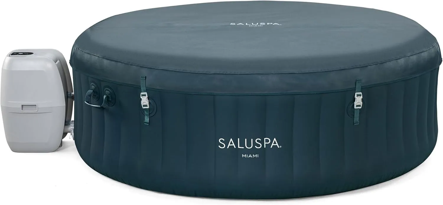 Bestway SaluSpa Miami AirJet 4-6 Person Inflatable Hot Tub Round Portable Outdoor Spa with 140 AirJets and EnergySense Energy Saving Cover, Dark Green