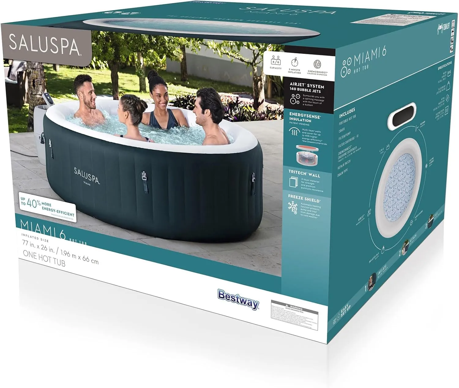 Bestway SaluSpa Miami AirJet 4-6 Person Inflatable Hot Tub Round Portable Outdoor Spa with 140 AirJets and EnergySense Energy Saving Cover, Dark Green