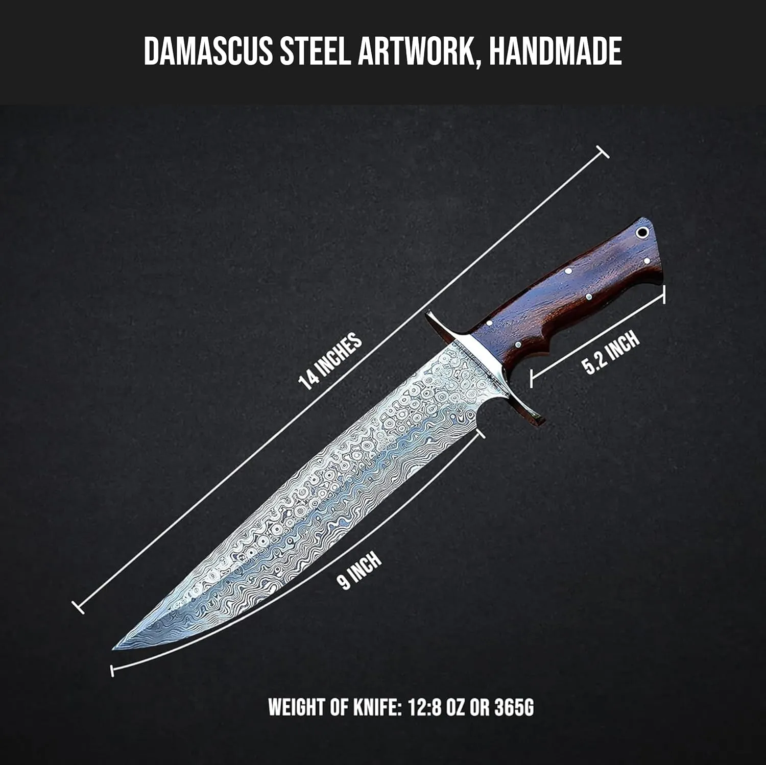 BIGCAT ROAR 14″ Handmade Damascus Hunting Knife with Leather Sheath - Ideal for Chopping, Camping Outdoor - Fixed Blade Bushcraft Large Knife with Walnut wood Handle - Patriot