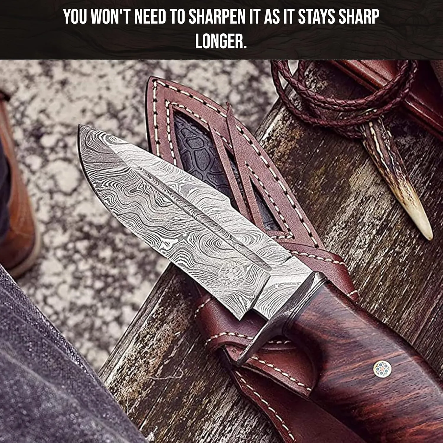 BIGCAT ROAR Handmade Damascus Hunting Knife - Bushcraft Fixed Blade Hunting Knife with Sheath and Walnut Wood Handle - 10″ EDC Skinning Knife - Beast Hunter