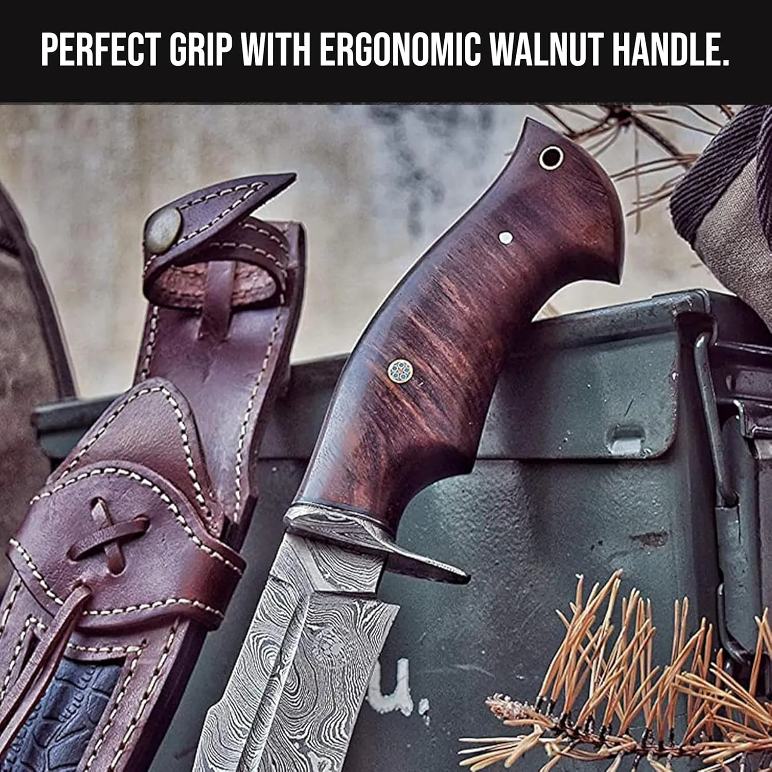 BIGCAT ROAR Handmade Damascus Hunting Knife - Bushcraft Fixed Blade Hunting Knife with Sheath and Walnut Wood Handle - 10″ EDC Skinning Knife - Beast Hunter