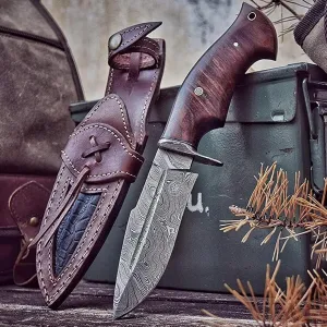 BIGCAT ROAR Handmade Damascus Hunting Knife - Bushcraft Fixed Blade Hunting Knife with Sheath and Walnut Wood Handle - 10″ EDC Skinning Knife - Beast Hunter