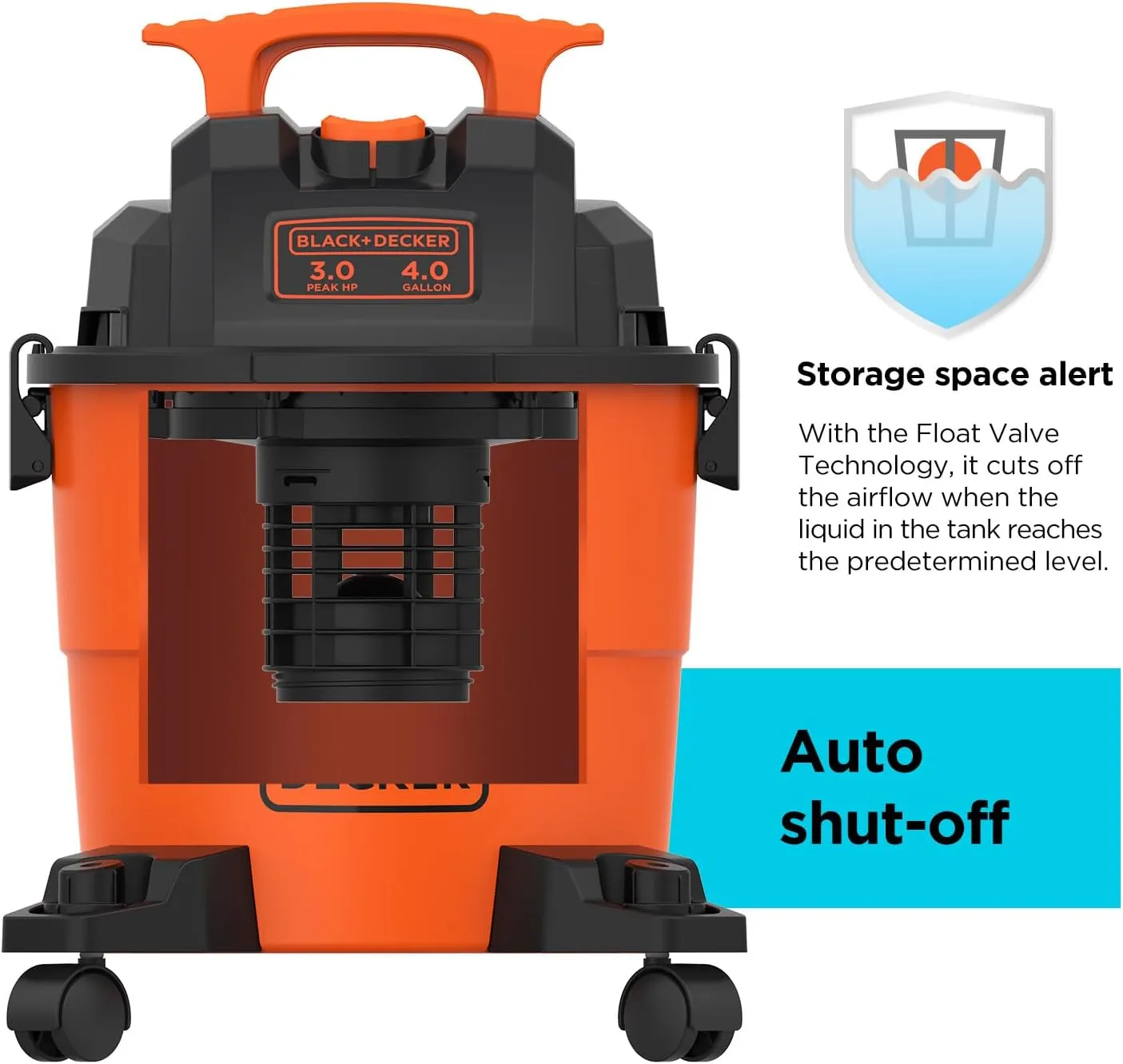 BLACK DECKER Shop Vacuum Wet and Dry, 4 Gallon 3-in-1 Portable Shop Vac with Accessories, Workshop, Garage, Home and Car Vacuum Cleaner, 3 HP(BDXV18301P-4A)