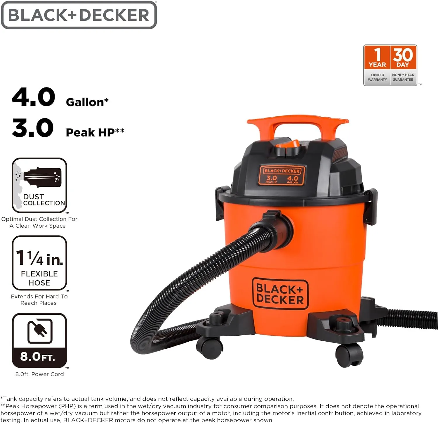 BLACK DECKER Shop Vacuum Wet and Dry, 4 Gallon 3-in-1 Portable Shop Vac with Accessories, Workshop, Garage, Home and Car Vacuum Cleaner, 3 HP(BDXV18301P-4A)