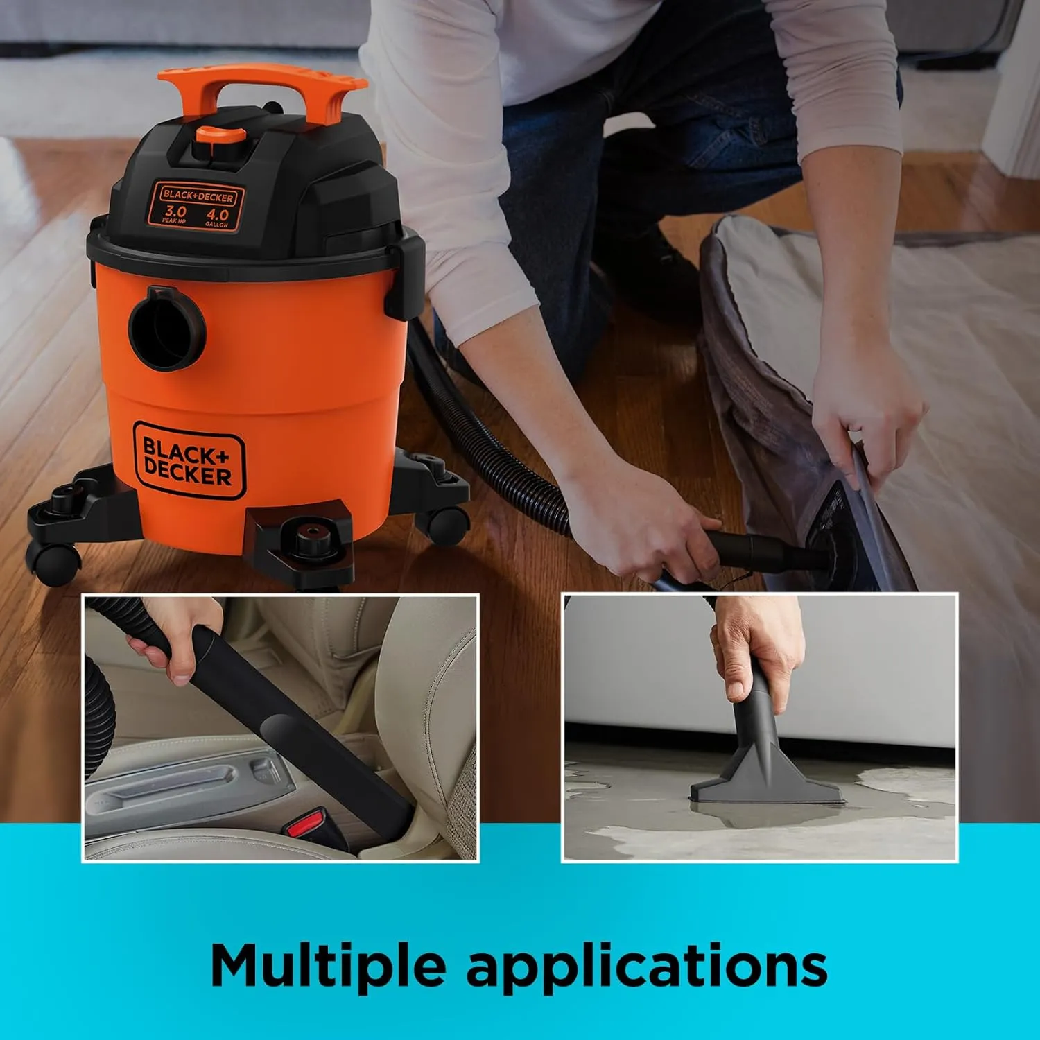BLACK DECKER Shop Vacuum Wet and Dry, 4 Gallon 3-in-1 Portable Shop Vac with Accessories, Workshop, Garage, Home and Car Vacuum Cleaner, 3 HP(BDXV18301P-4A)