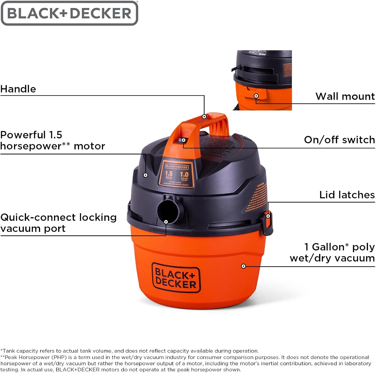 BLACK DECKER Shop Vacuum Wet and Dry, Small Shop Vac with Accessories, 1 Gallon 1.5 Peak HP, Wall Mount Mini Vacuum for Garage, Home and Pet, 60CFM (BDXV18101P-1H)