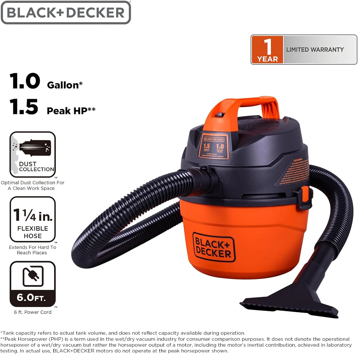 BLACK DECKER Shop Vacuum Wet and Dry, Small Shop Vac with Accessories, 1 Gallon 1.5 Peak HP, Wall Mount Mini Vacuum for Garage, Home and Pet, 60CFM (BDXV18101P-1H)