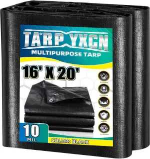 Black Tarp 16x20 Feet, 10 Mil Thick Waterproof Poly Tarps Cover UV Resistant, Rip & Tear Proof with Metal Grommets Every 20 Inches