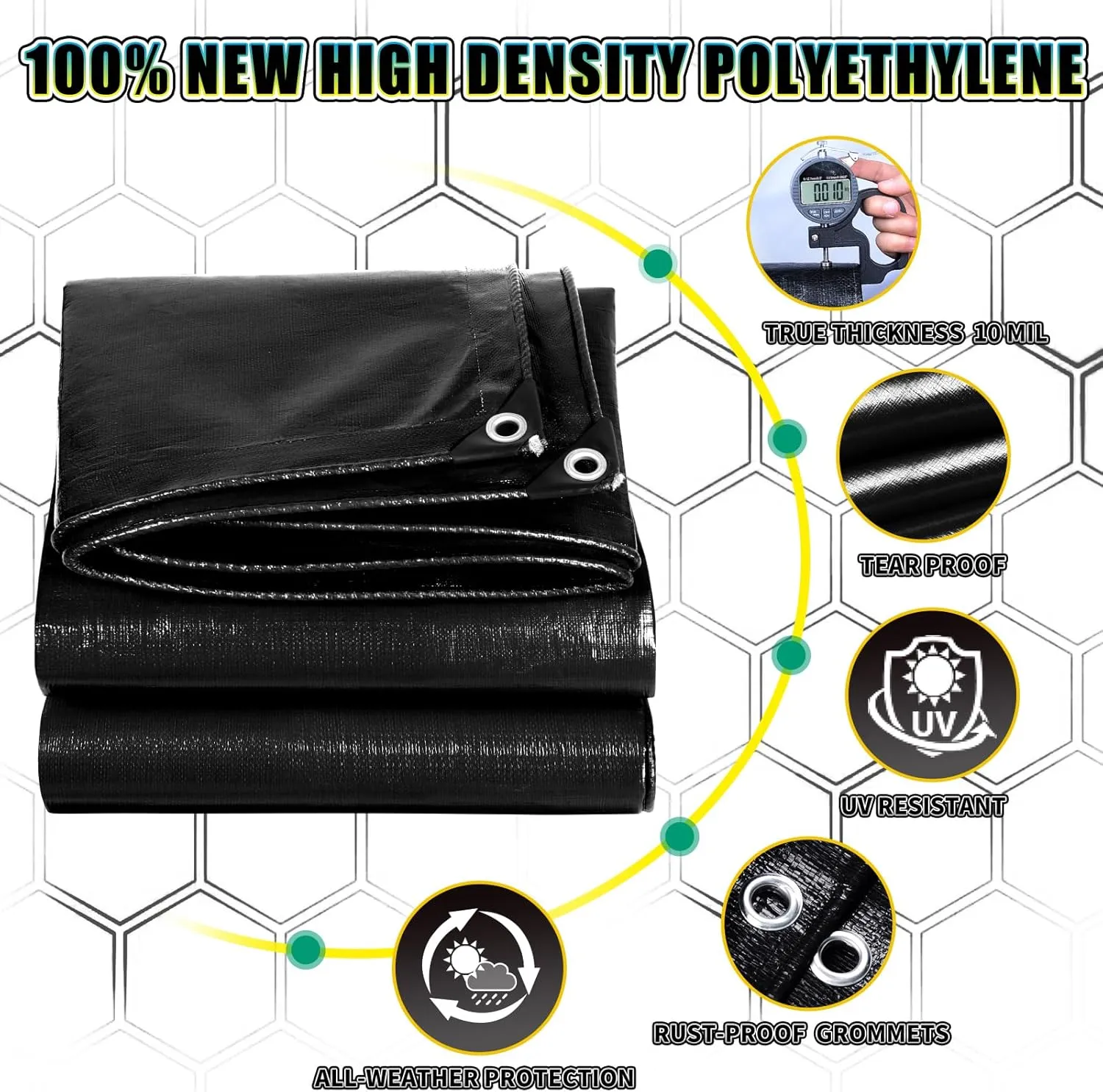 Black Tarp 16x20 Feet, 10 Mil Thick Waterproof Poly Tarps Cover UV Resistant, Rip & Tear Proof with Metal Grommets Every 20 Inches