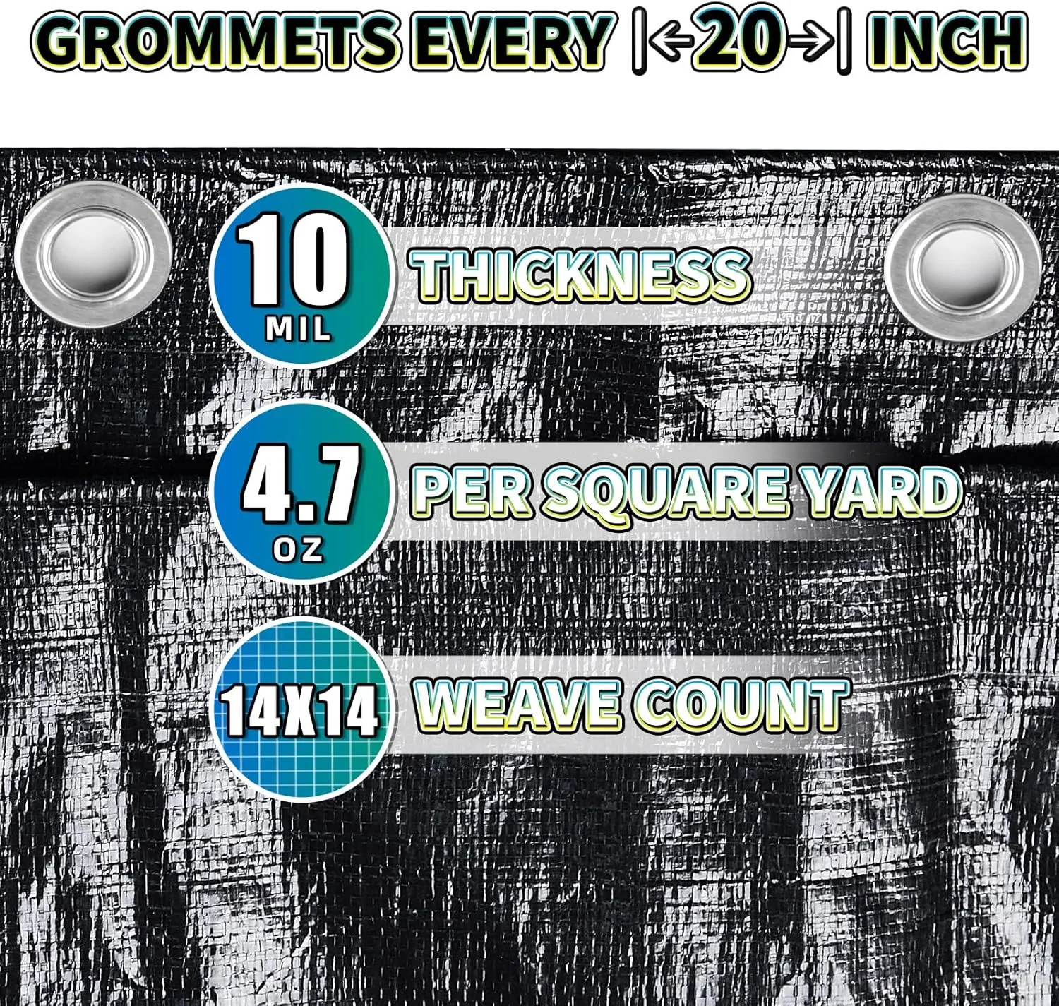 Black Tarp 16x20 Feet, 10 Mil Thick Waterproof Poly Tarps Cover UV Resistant, Rip & Tear Proof with Metal Grommets Every 20 Inches
