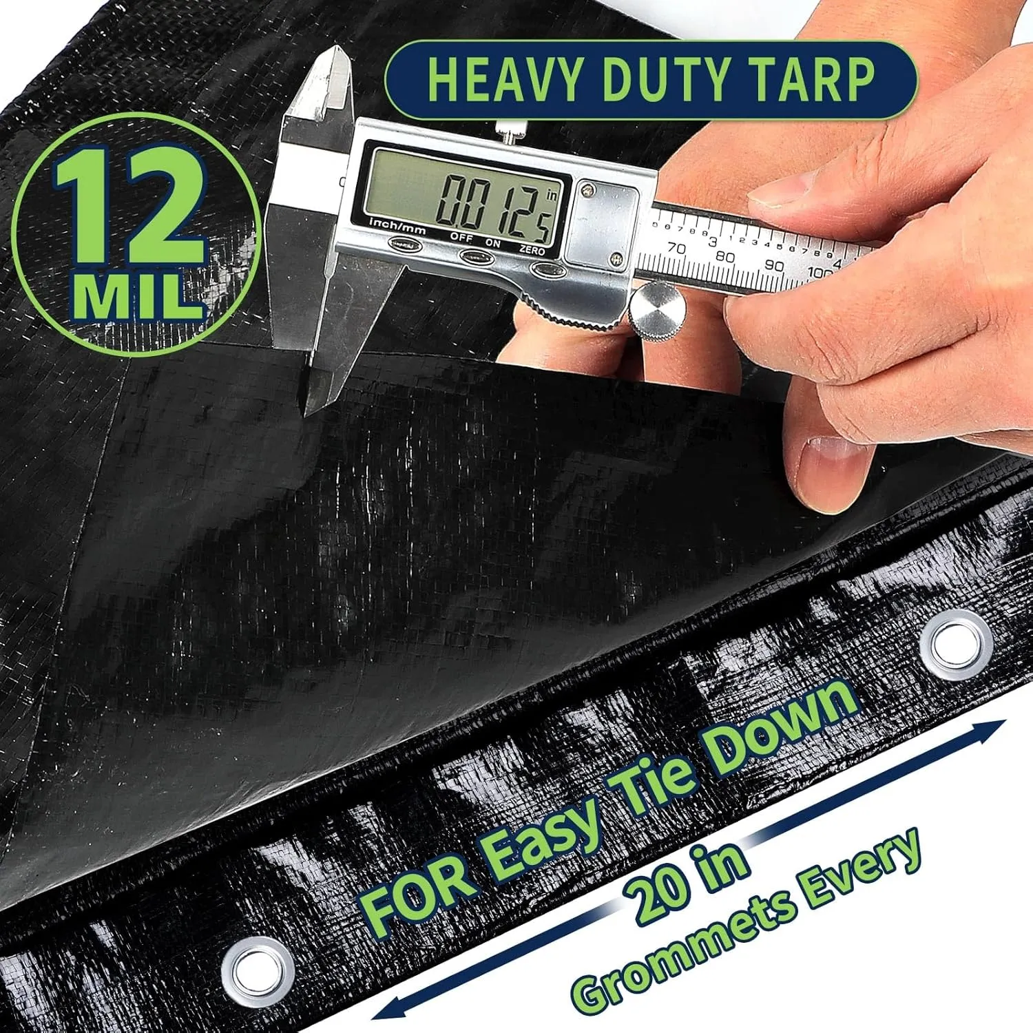 Black Tarps Heavy Duty Waterproof 8x10, 12 Mil Thick, High Durability, Rip and Tear Resistant with Metal Grommets Every 20 Inches