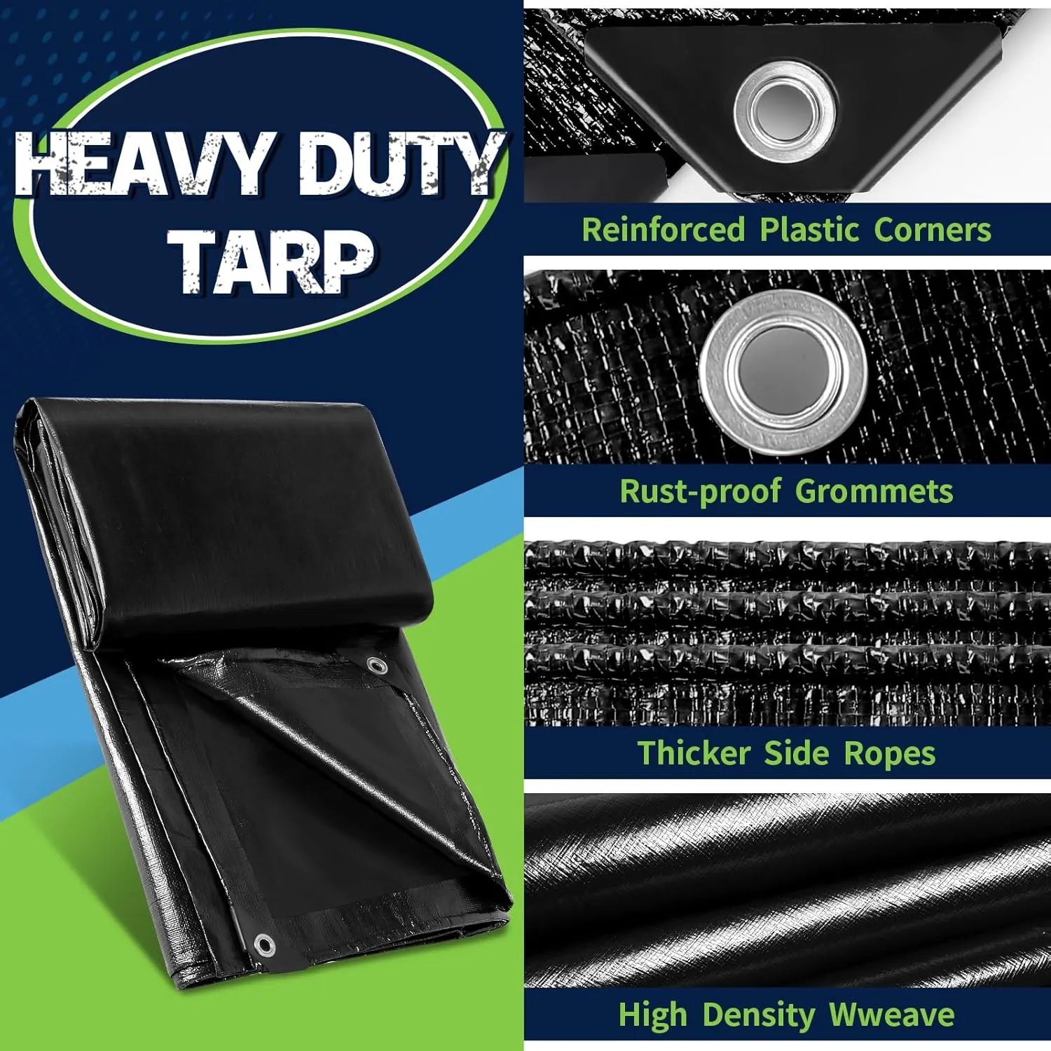 Black Tarps Heavy Duty Waterproof 8x10, 12 Mil Thick, High Durability, Rip and Tear Resistant with Metal Grommets Every 20 Inches