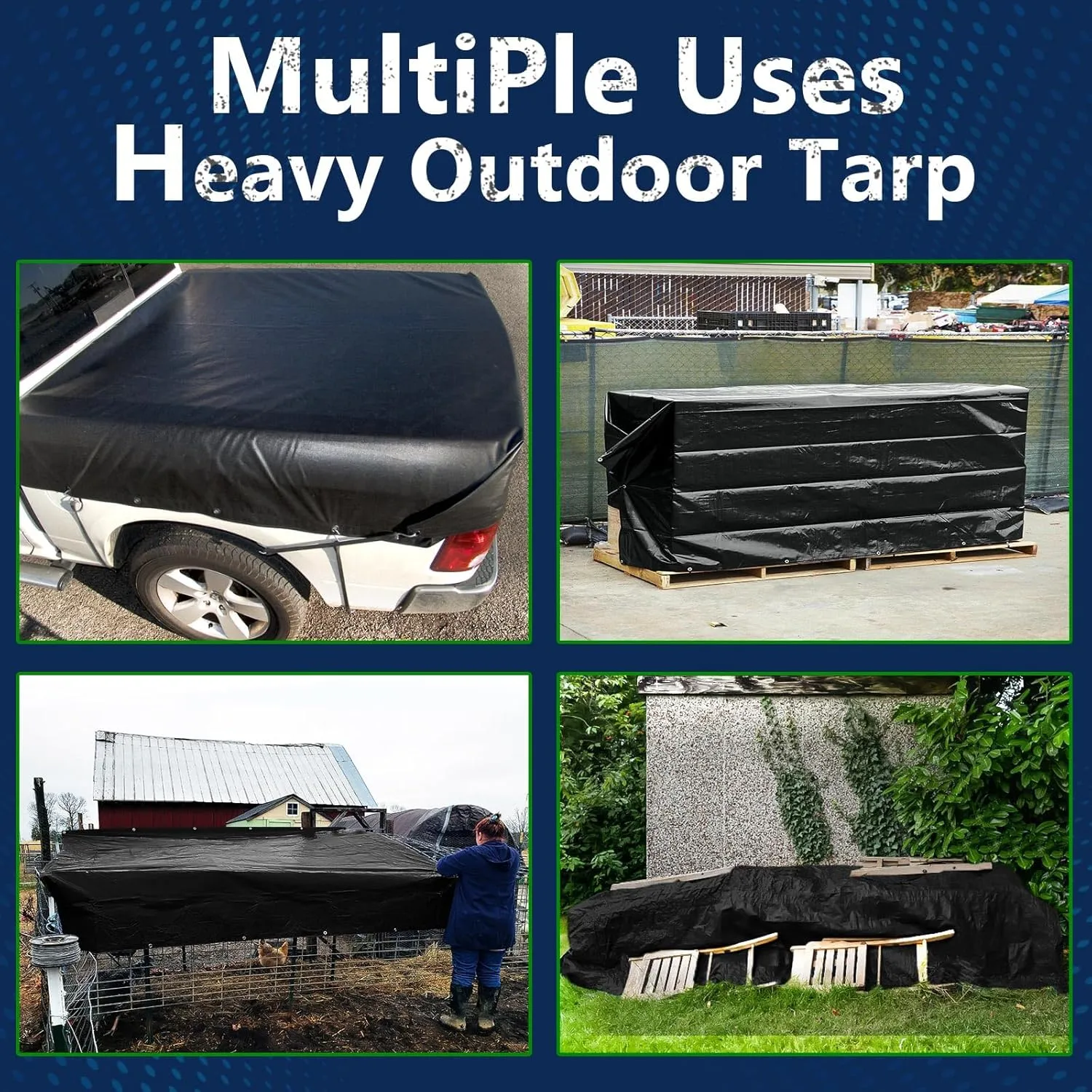 Black Tarps Heavy Duty Waterproof 8x10, 12 Mil Thick, High Durability, Rip and Tear Resistant with Metal Grommets Every 20 Inches