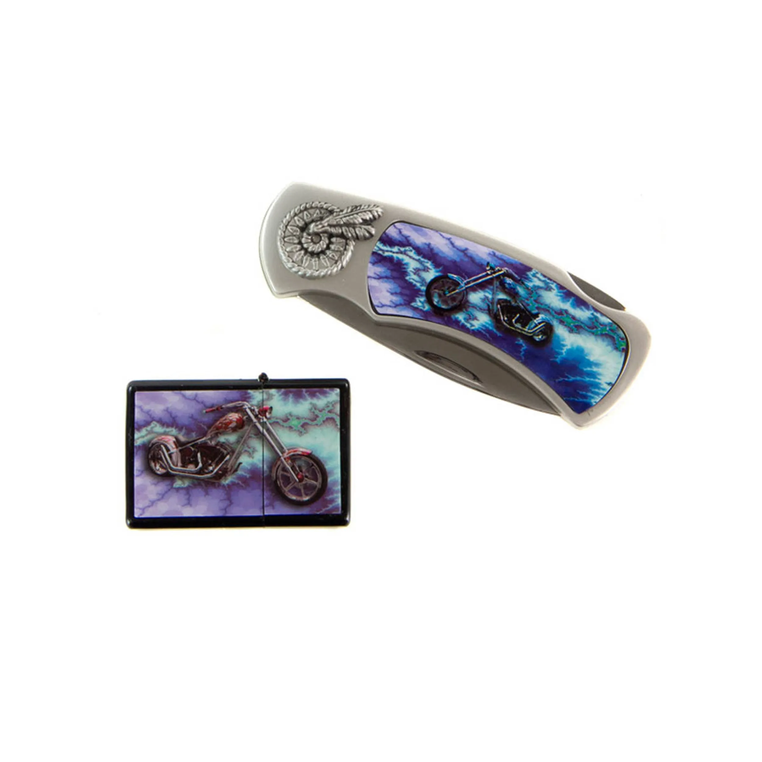 Blue Arrow Lightning Sky Motorcycle Knife with Oil Lighter Boxed Knife