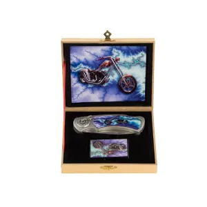 Blue Arrow Lightning Sky Motorcycle Knife with Oil Lighter Boxed Knife