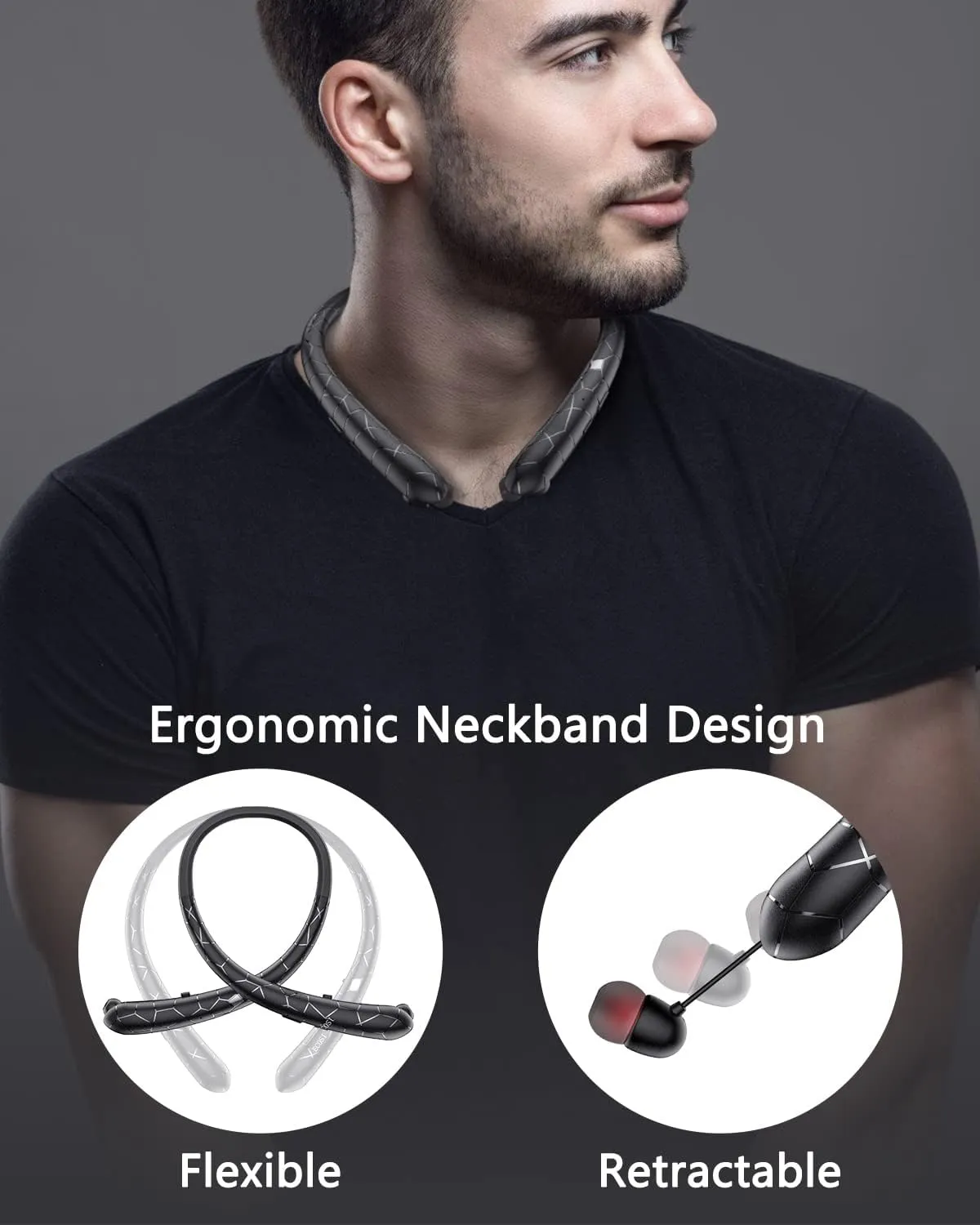 Bluetooth 5.0 Neckband Bluetooth Headphones,Retractable Headphone IPX5 Sweatproof with Vibration Call,Stereo Noise Cancelling Neckband Headphones for Sports Office