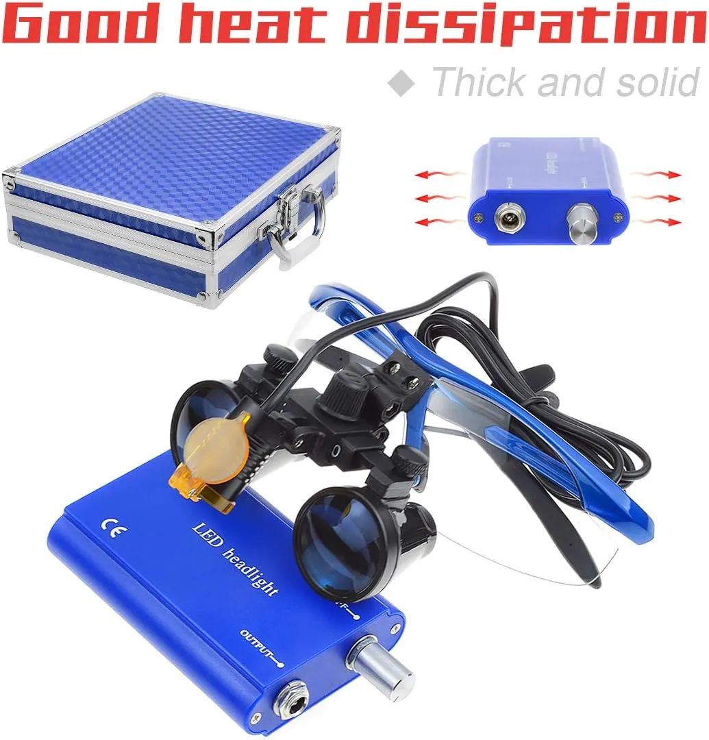BONEW-Oral 3.5X Binocular Loupes Optical Glass Magnifier 3W Head Lamp Light Waist Hanging Type Clip-on Type Carry Type with Aluminum Box DY-004 (Blue)
