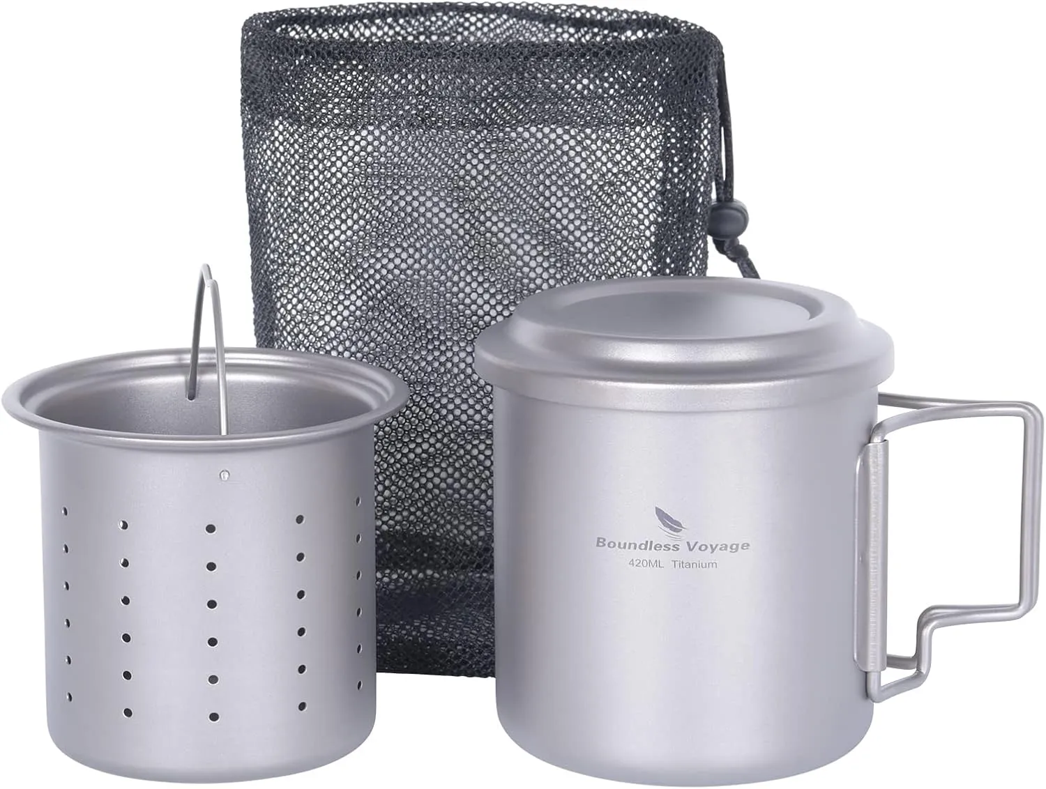 Boundless Voyage Single Layer Titanium Cup Portable Camping Picnic Water Cup Mug with Foldable Handle Lightweight Tea Cup with Tea Filter 420ml/14.2 fl.oz(Ti3054D)
