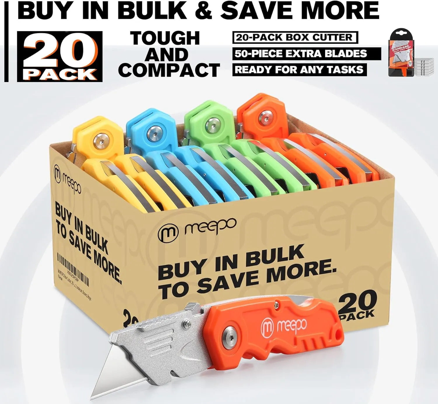 Box Cutter, 20-Pack Tough Folding Box Cutter Bulk for Heavy Duty Purpose, Razor Sharp Utility Knife Bulk, with Extra 50-Piece Blades, Can cut Drywall, Sheet Plastic, Linoleum, Boxes, Rope
