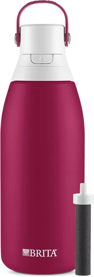 Brita Insulated Filtered Water Bottle with Straw, Reusable, Stainless Steel Metal, Ruby, 32 Ounce