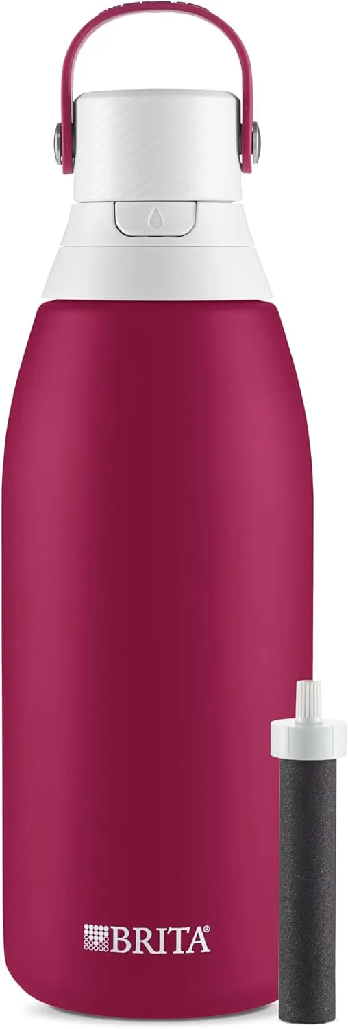 Brita Insulated Filtered Water Bottle with Straw, Reusable, Stainless Steel Metal, Ruby, 32 Ounce