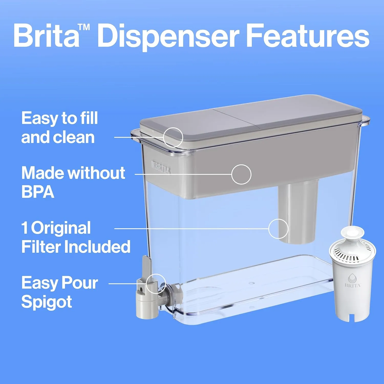 Brita UltraMax Large Water Dispenser With Standard Filter, BPA-Free, Reduces Copper, Cadmium and Mercury Impurities, Lasts 2 Months or 40 Gallons, Includes 1 Filter, Kitchen Accessories, Large 27-Cup