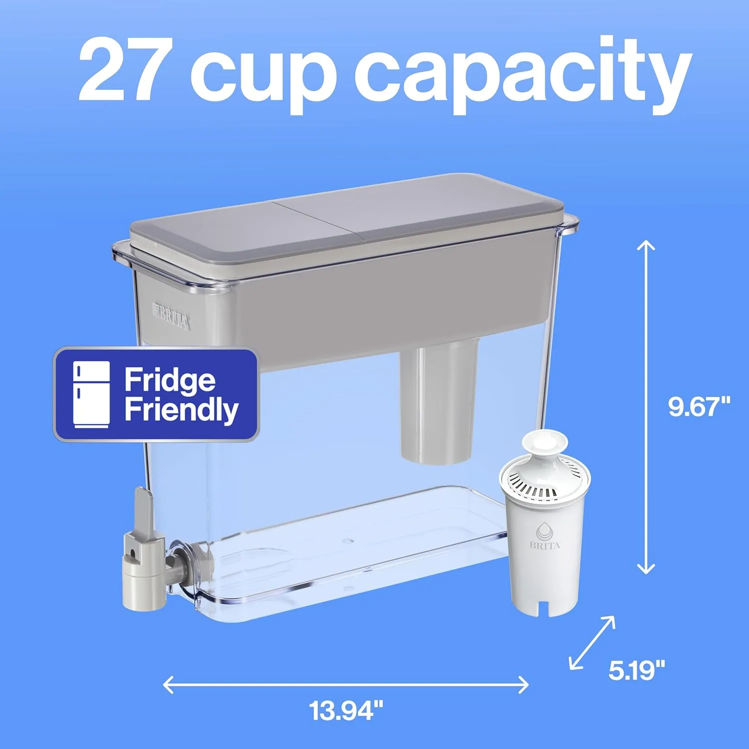 Brita UltraMax Large Water Dispenser With Standard Filter, BPA-Free, Reduces Copper, Cadmium and Mercury Impurities, Lasts 2 Months or 40 Gallons, Includes 1 Filter, Kitchen Accessories, Large 27-Cup