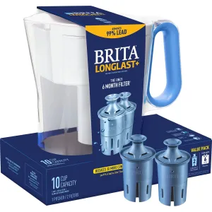 Brita Wave Large 10-Cup Water Filter Pitcher with 2 Longlast  Filters- Blue