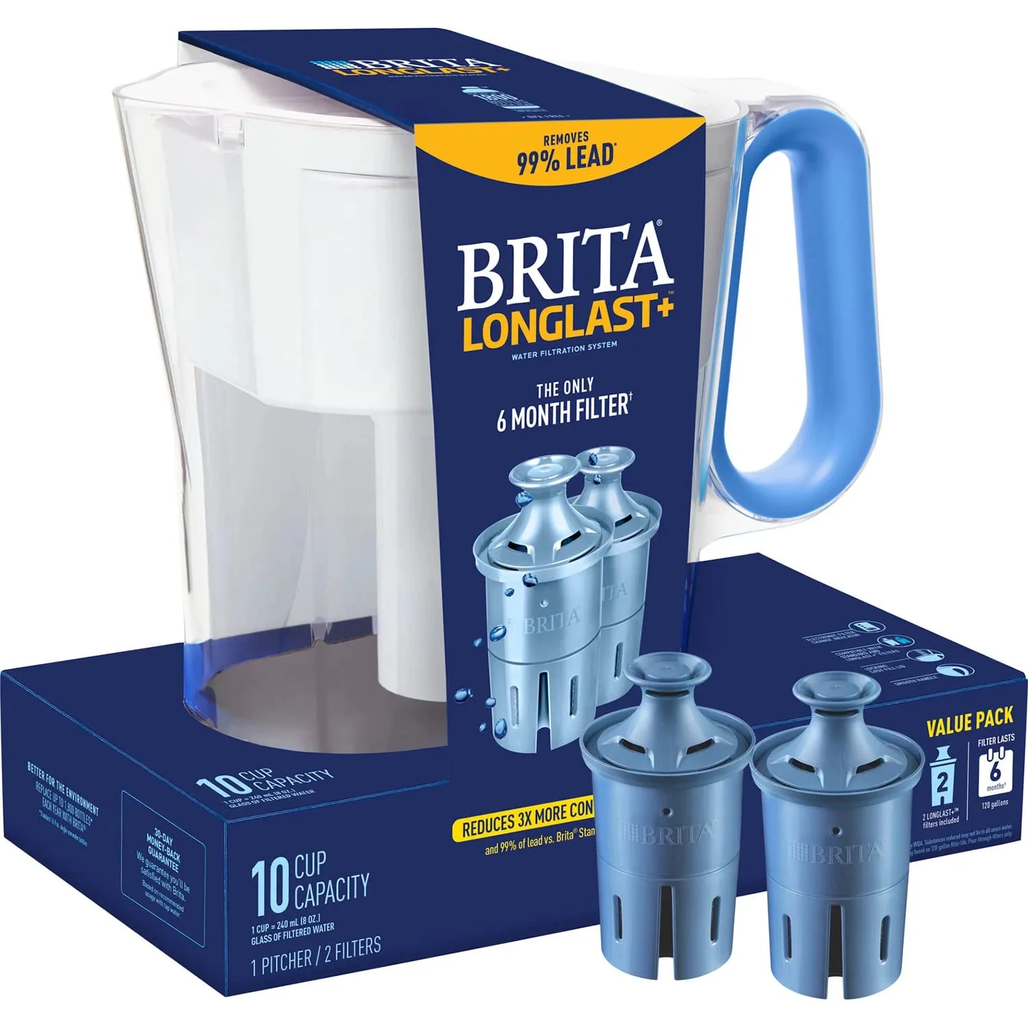 Brita Wave Large 10-Cup Water Filter Pitcher with 2 Longlast  Filters- Blue