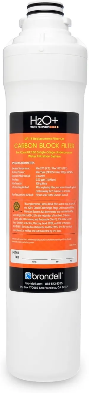 Brondell UF-15 Single-Stage Carbon Block Water Filter Replacement for Coral Under Sink Filtration System, Lasts 6 Months
