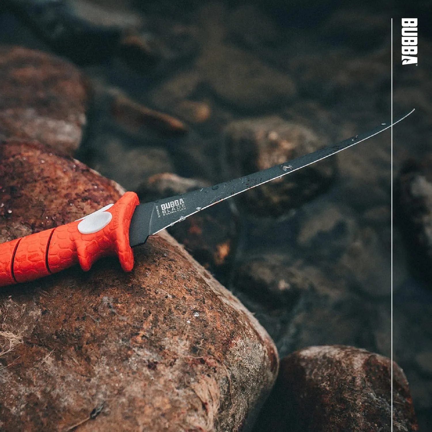 BUBBA 8 Inch Ultra Flex Tapered with Non-Slip Handle, Full Tang Stainless Steel Non-Stick Blade, Lanyard Hole and Synthetic Sheath for Fishing, Boating and Hunting