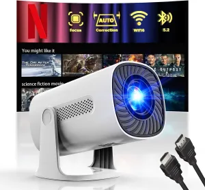 [Built-in Apps & Smart OS] Smart Projector with WiFi and Bluetooth, 1080P FHD 4K Support, Projector with Auto Keystone, Stereo Speaker, Compatible with HDMI/TV Stick/USB, Portable Projector, White