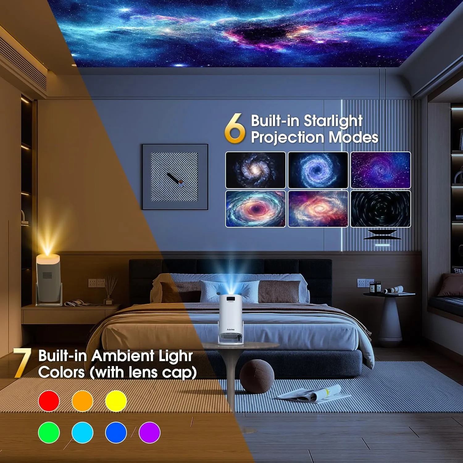 [Built-in Apps & Smart OS] Smart Projector with WiFi and Bluetooth, 1080P FHD 4K Support, Projector with Auto Keystone, Stereo Speaker, Compatible with HDMI/TV Stick/USB, Portable Projector, White