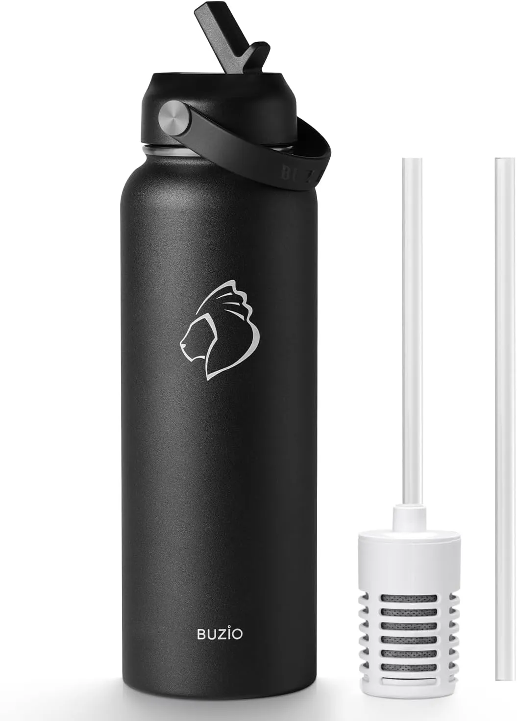 BUZIO 40oz Filtered Water Bottle, Vacuum Insulated, Carbon Filter, Keeps Cold 48H, Hot 24H, Leak-proof, BPA Free, Black, Stainless Steel, Adult, Water, Sport, THERMOS