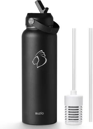BUZIO 40oz Filtered Water Bottle, Vacuum Insulated, Carbon Filter, Keeps Cold 48H, Hot 24H, Leak-proof, BPA Free, Black, Stainless Steel, Adult, Water, Sport, THERMOS