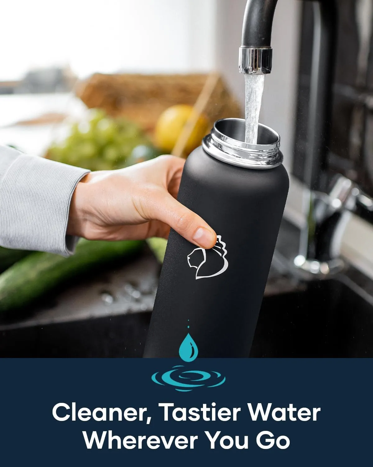 BUZIO 40oz Filtered Water Bottle, Vacuum Insulated, Carbon Filter, Keeps Cold 48H, Hot 24H, Leak-proof, BPA Free, Black, Stainless Steel, Adult, Water, Sport, THERMOS